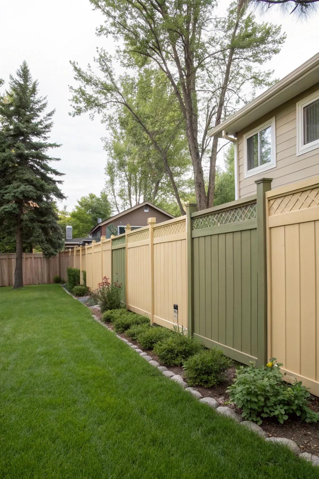 A solid privacy barrier painted in natural tones.