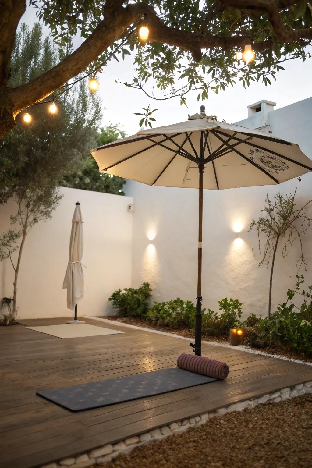 A serene meditation space featuring an umbrella.