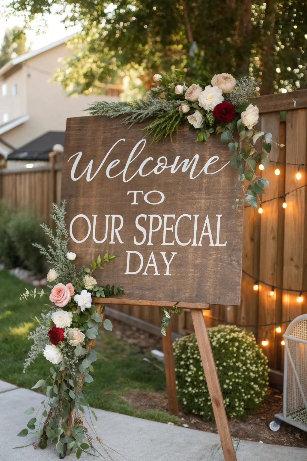A tailored welcome sign warmly greets attendees as they arrive at the wedding.