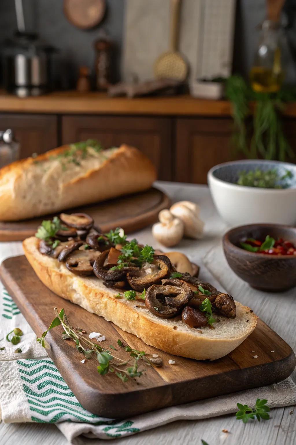 An earthy mushroom medley on a French loaf, ideal for wine pairing.