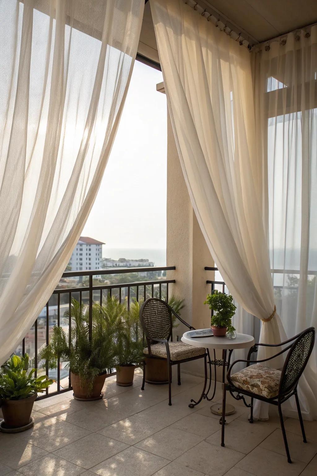 Flowing drapes offer privacy and elegance to your balcony.