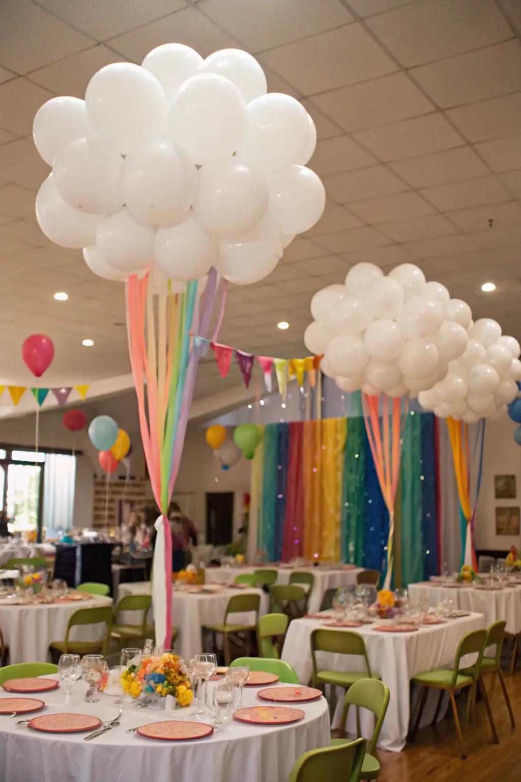 Ethereal balloon clouds create a dreamy atmosphere.