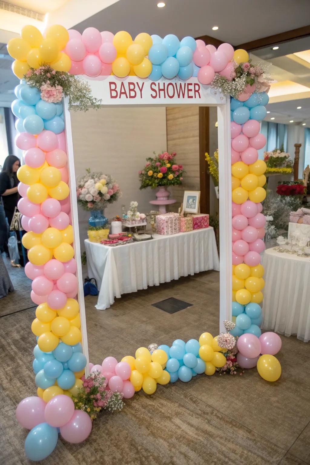A balloon image border adds interactive fun to the celebration.