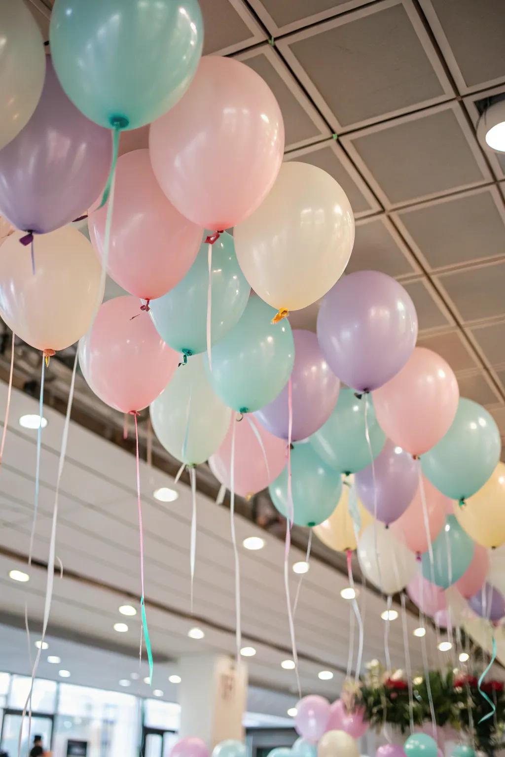 A whimsical balloon canopy evokes a magical ambiance.