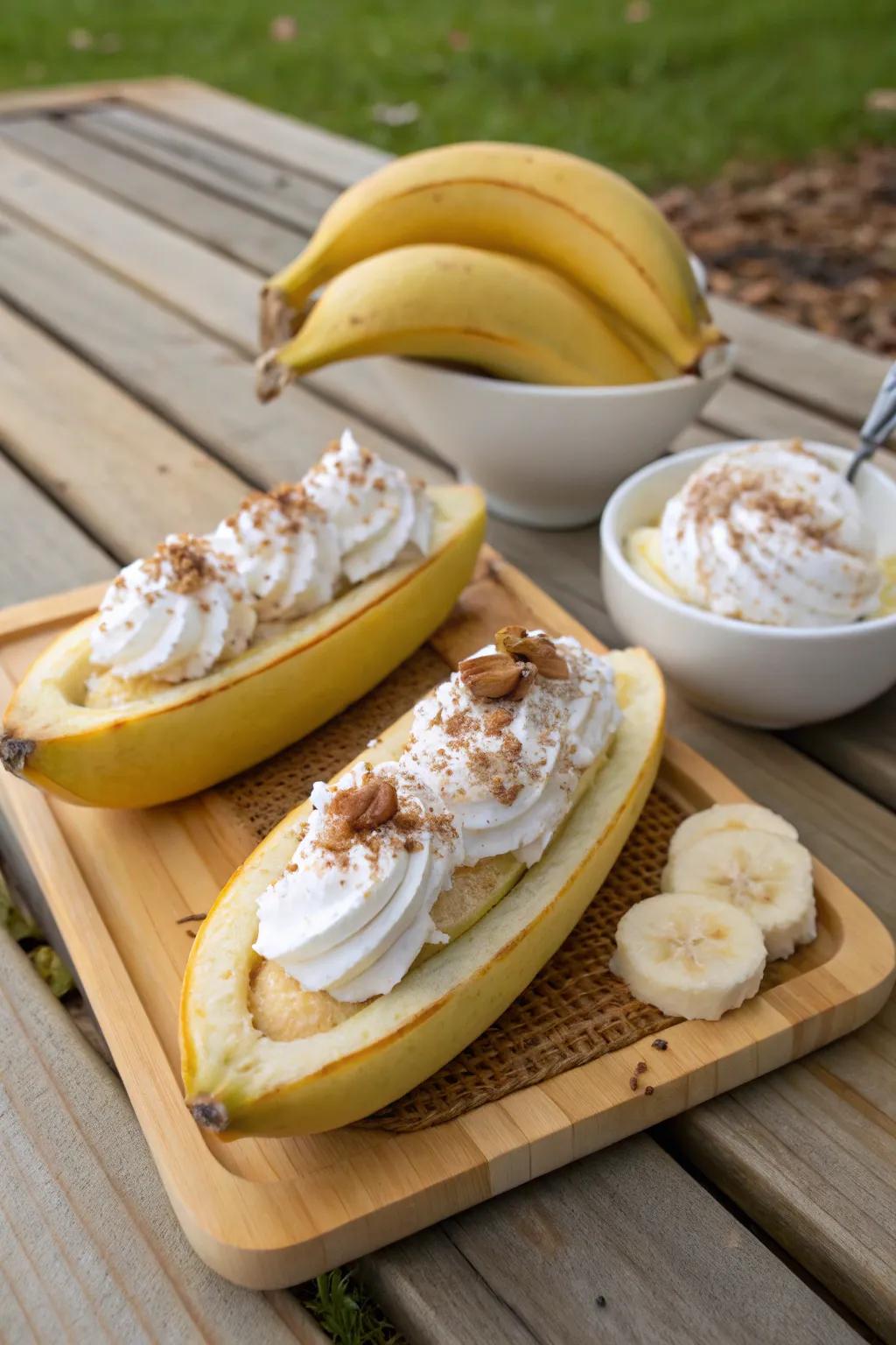 Banana peels act as a sustainable and inventive serving dish.