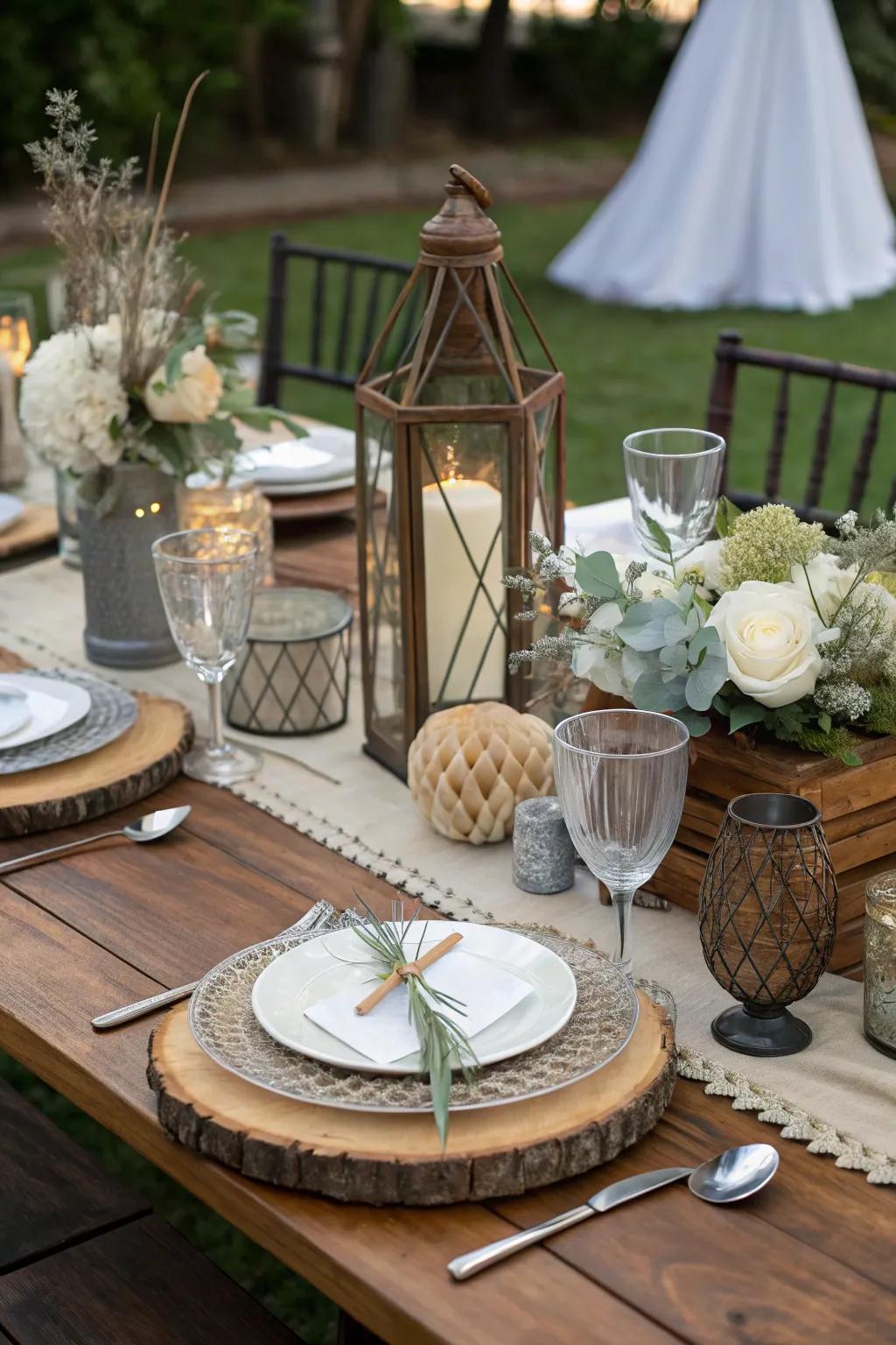 A sophisticated centerpiece with mixed materials.