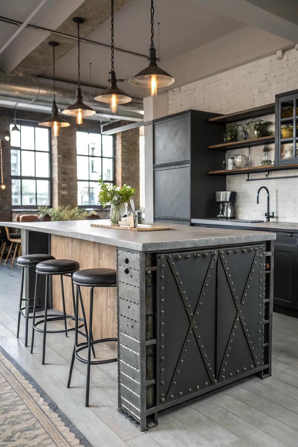 Alloy accents lend a factory chic vibe to the cooking area.