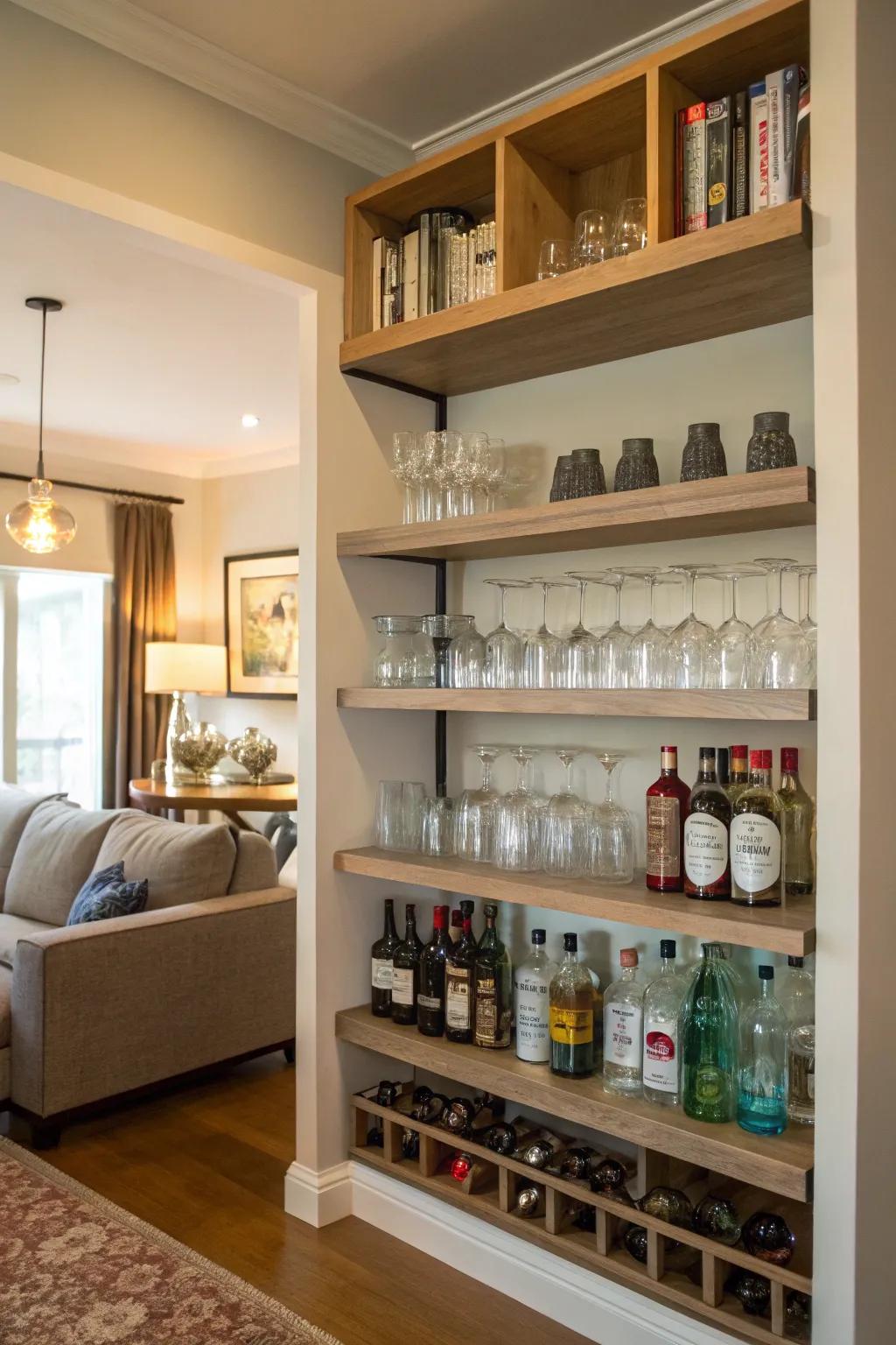 Tiered shelves keep your bar items arranged.