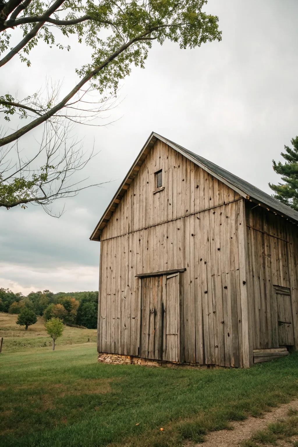 An unpainted wooden barn that showcases natural rustic beauty.