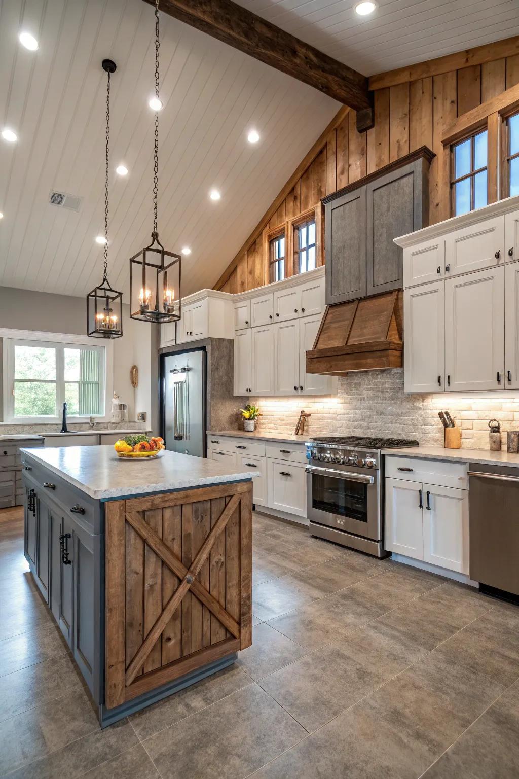 Varied cabinetry styles add creative flair to the kitchen.