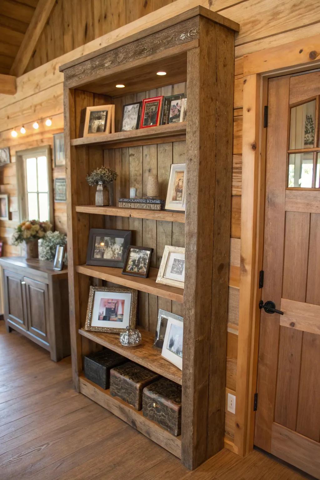 Reclaimed wood frame utilized in a shelving arrangement.