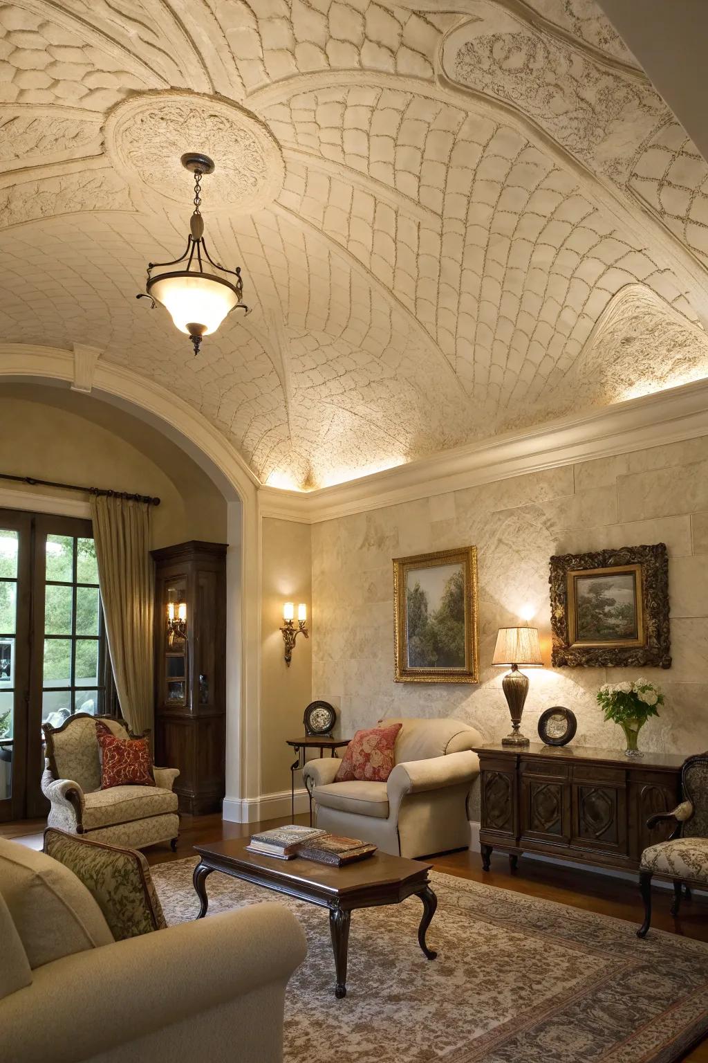 A living room with a textured plaster vaulted ceiling for added depth.