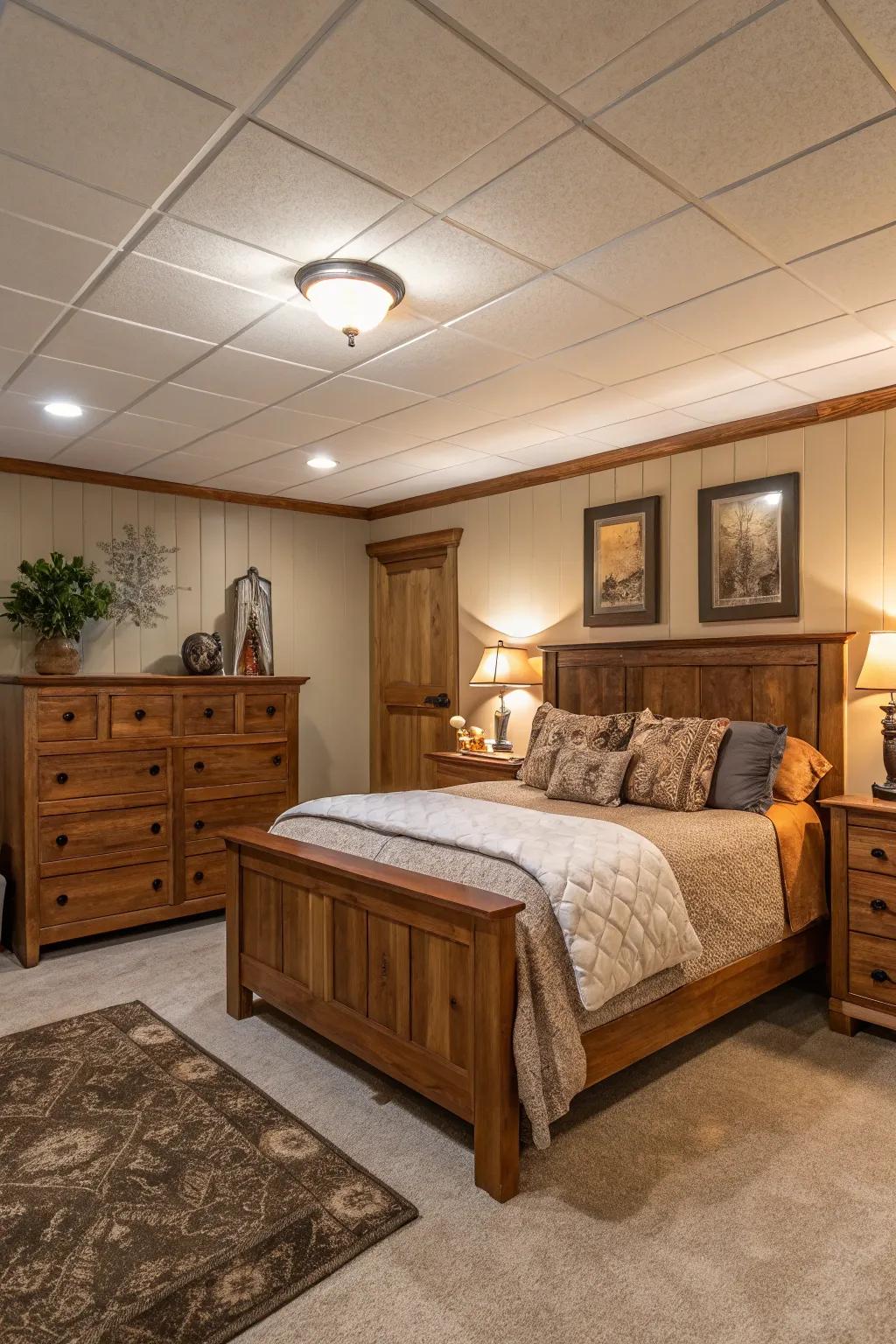 Warm wood tones can greatly improve the coziness of your basement bedroom.