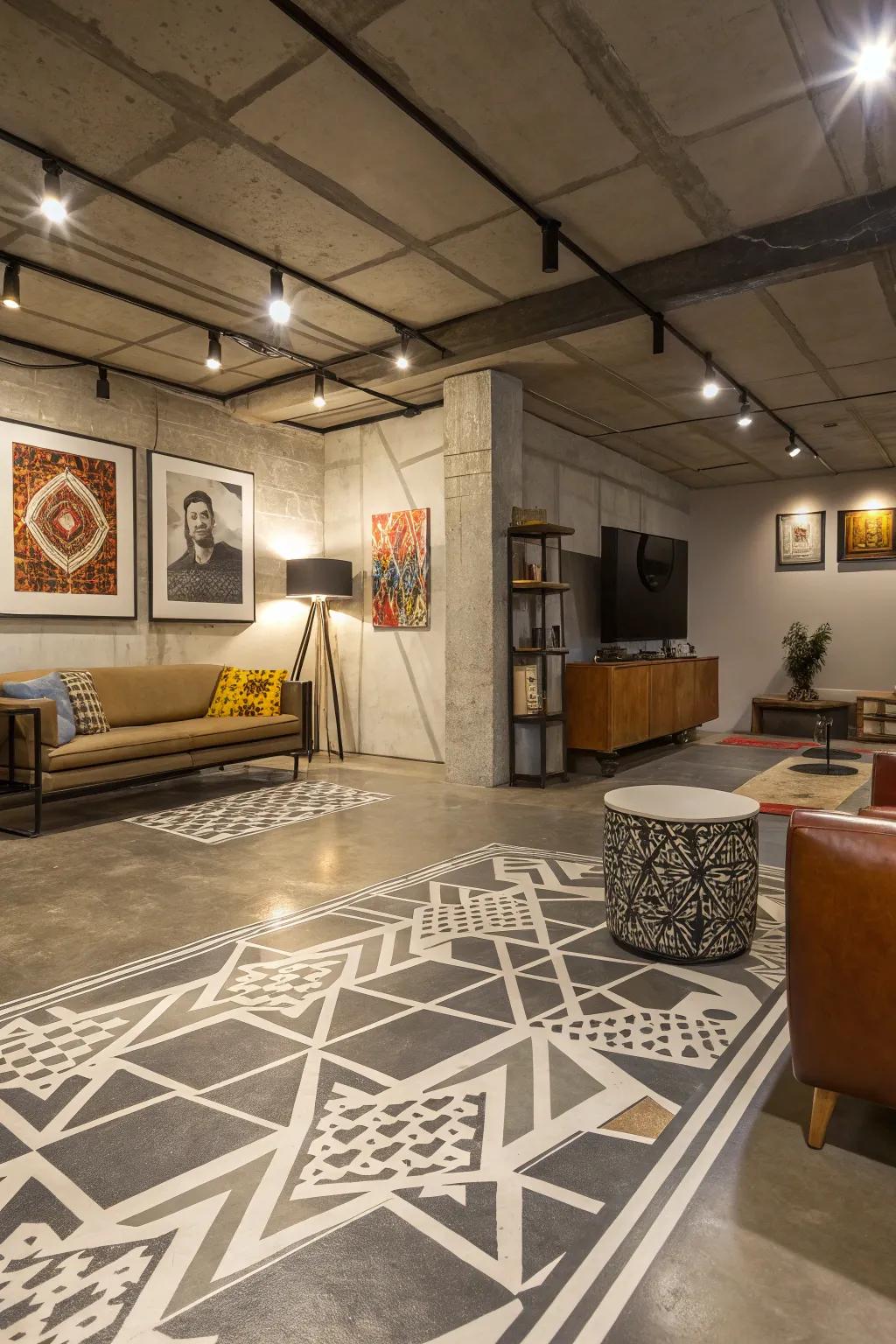 Geometric patterns on concrete floors add artistic flair to contemporary spaces.