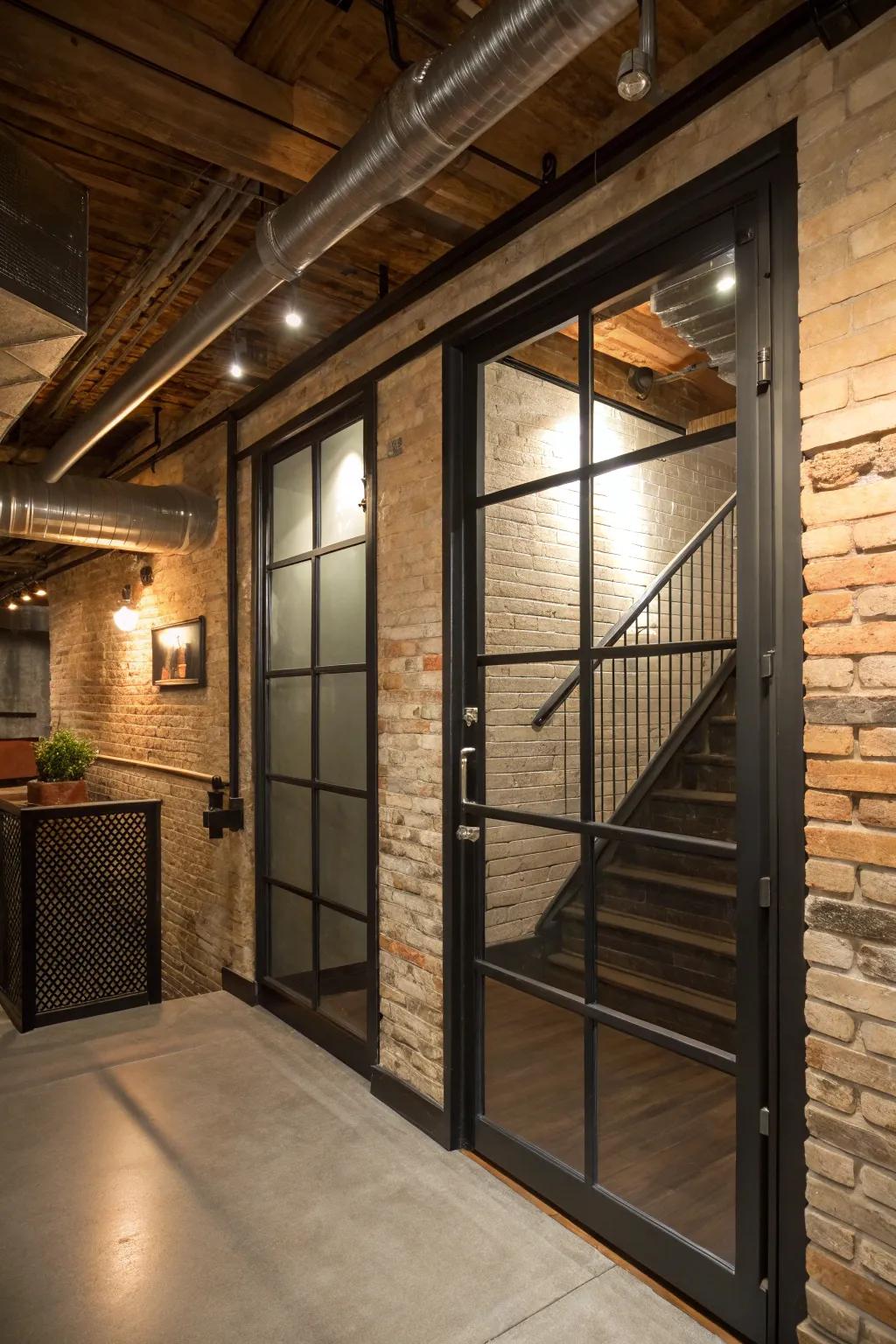 A factory-style door gives a modern edge to the basement entry.
