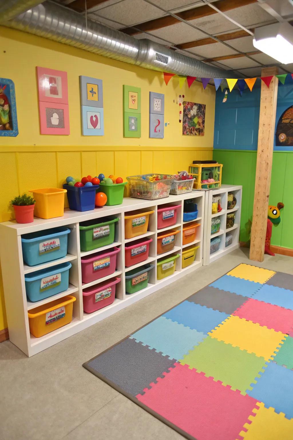 A designated play area keeps toys contained and organized.