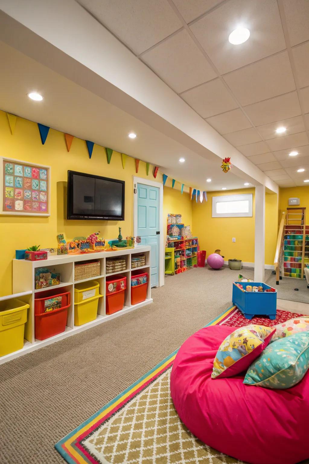 Bright lighting and colors create an inviting playroom environment.