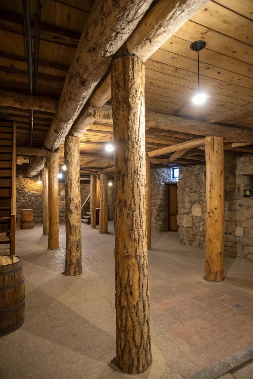 Real tree trunks give basement poles a rustic, natural feel.