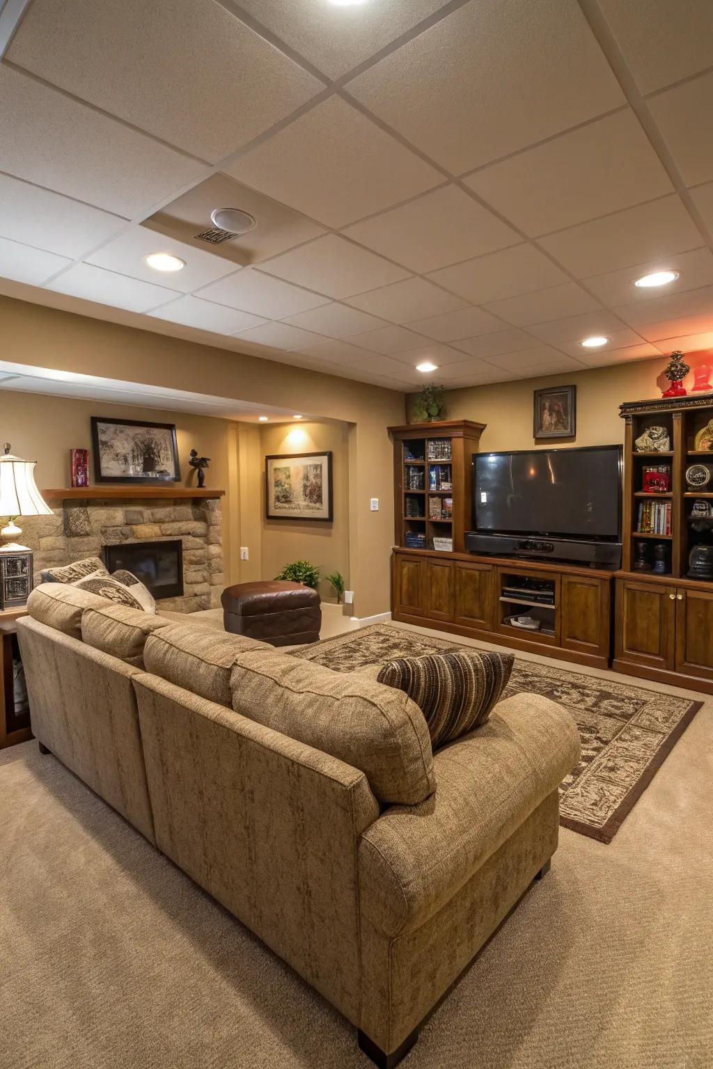 A welcoming open-concept family room found in the basement and featuring a large sectional sofa.