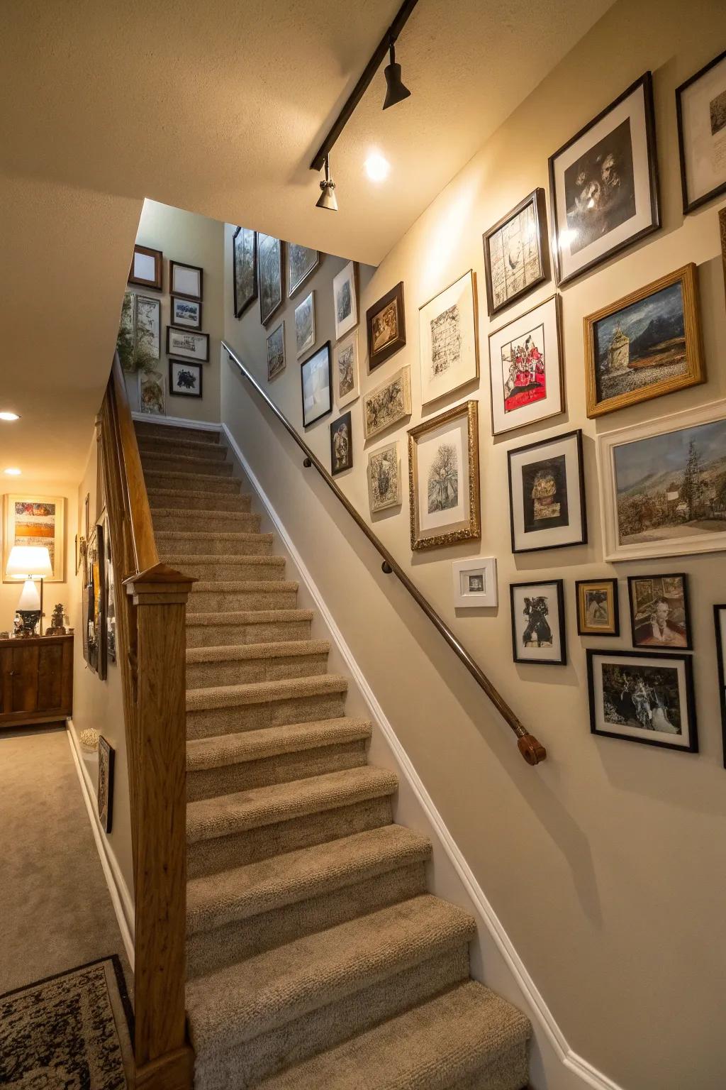 A picture display introduces character and a personal touch to the stairway.