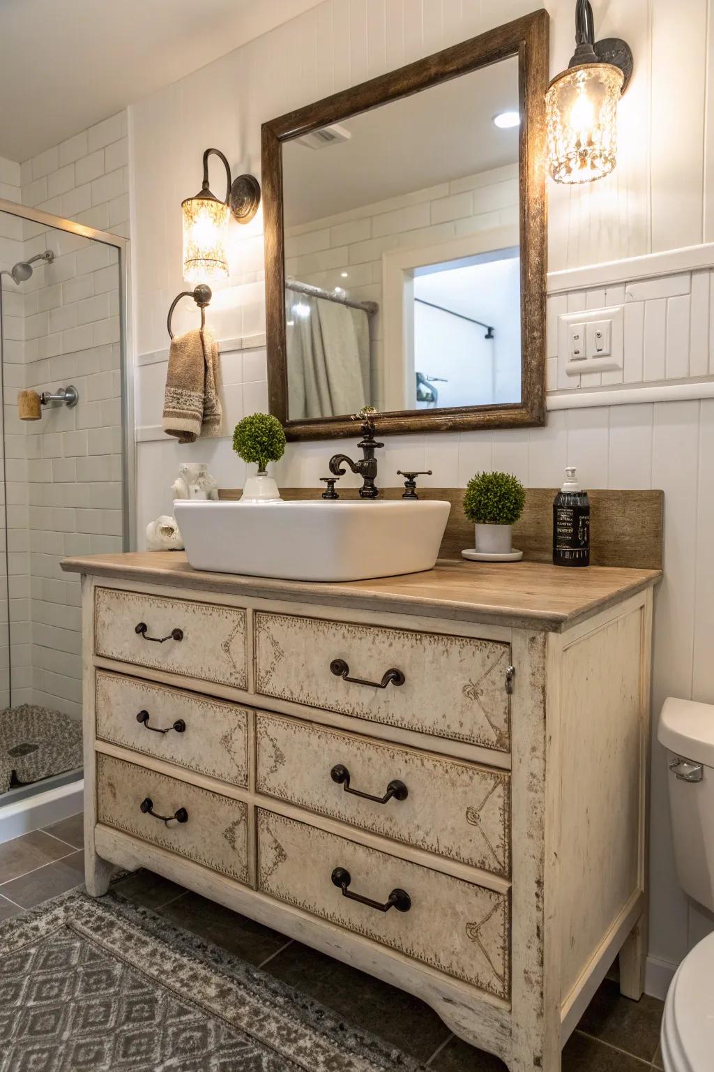 Vintage furniture adds charm and character to any bathroom.