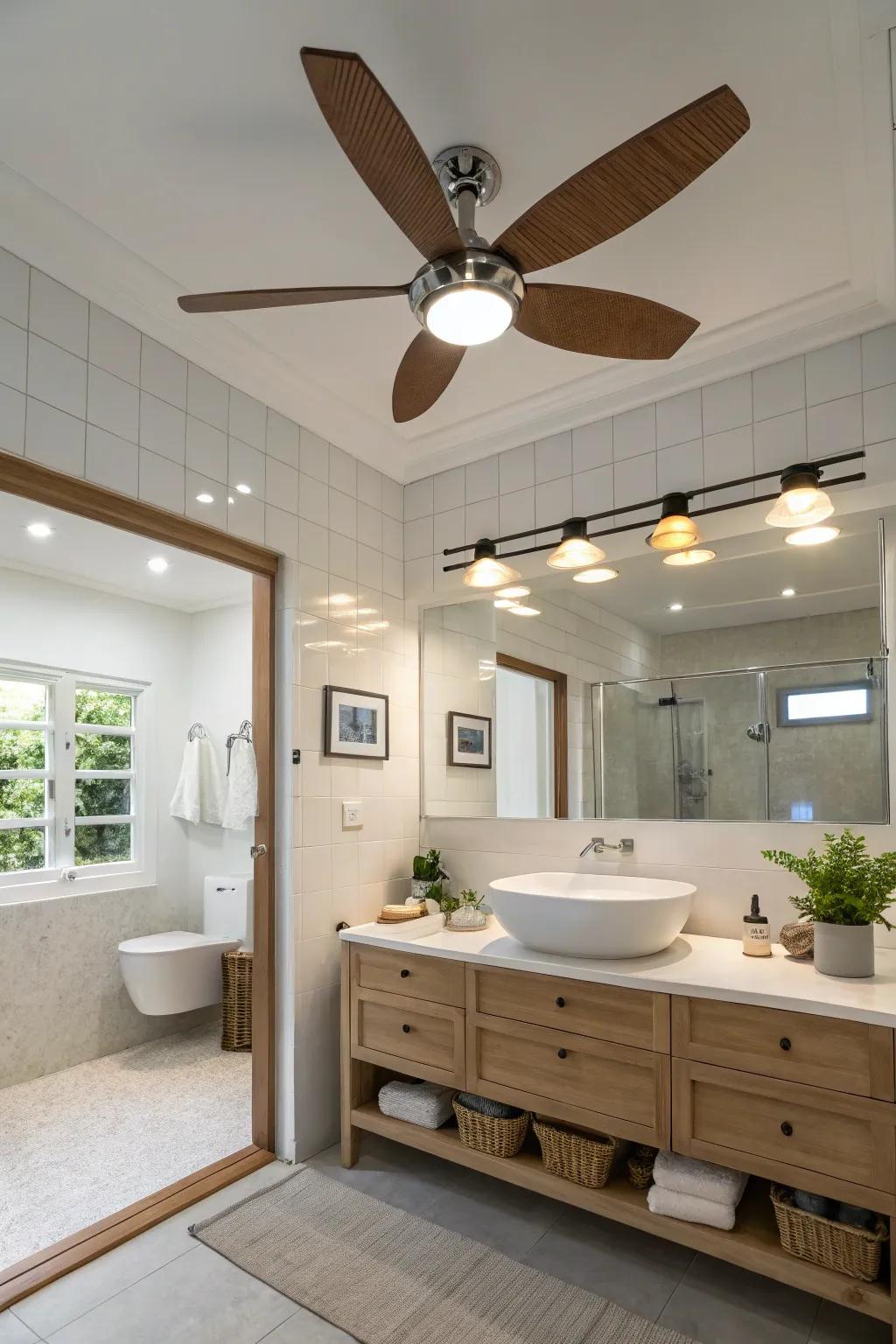 An eco-friendly bathroom featuring a fan with LED lights.