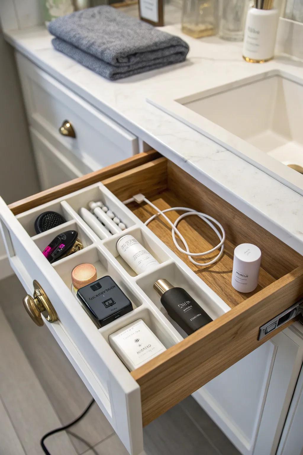 A concealed charging hub keeps your gadgets powered and your counter clear.