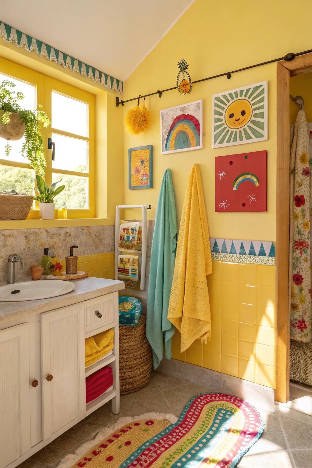 Bright sunflower walls bring a cheerful vibe to the bathroom.