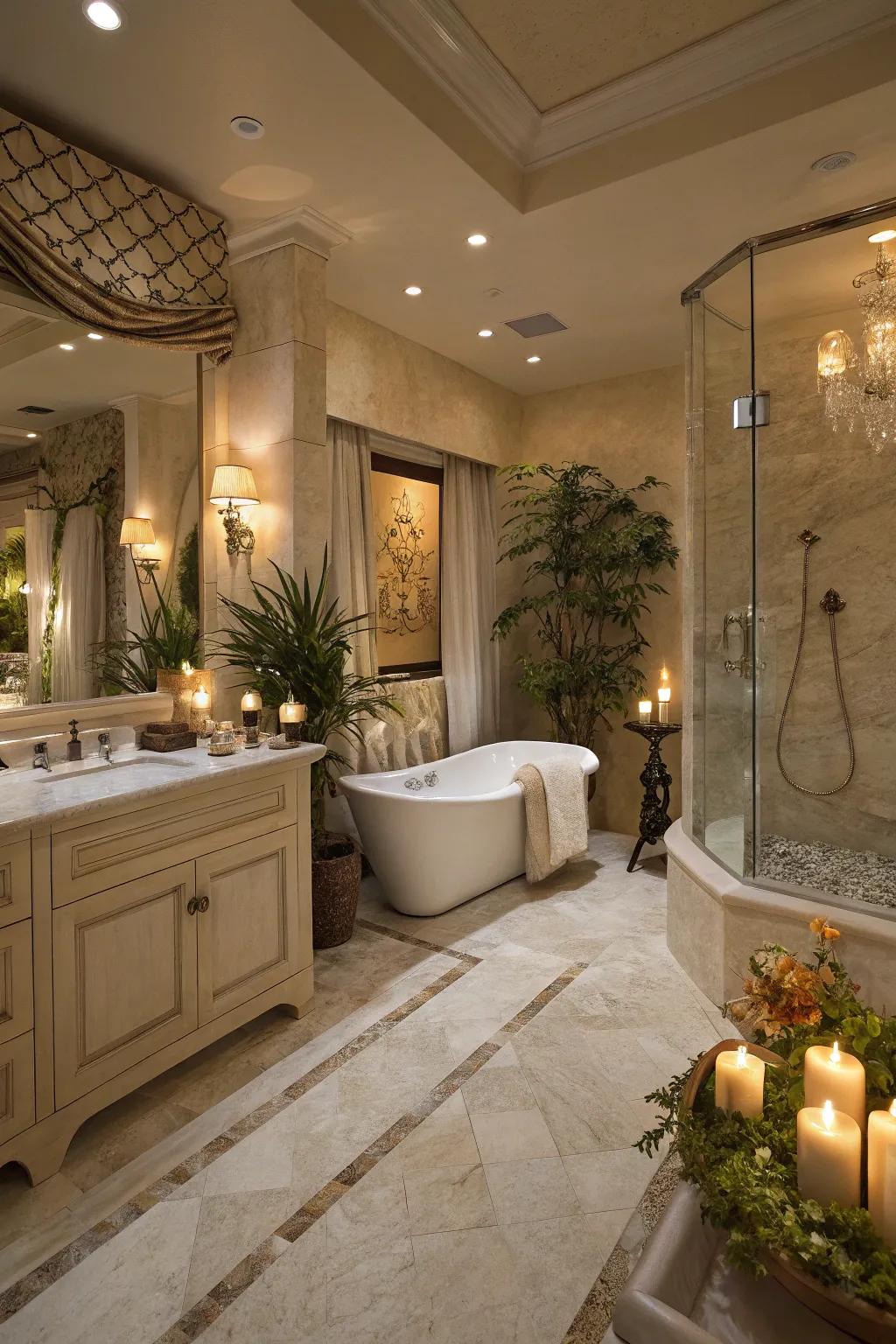 A spa-inspired bathroom with lavish elements and a calming vibe.