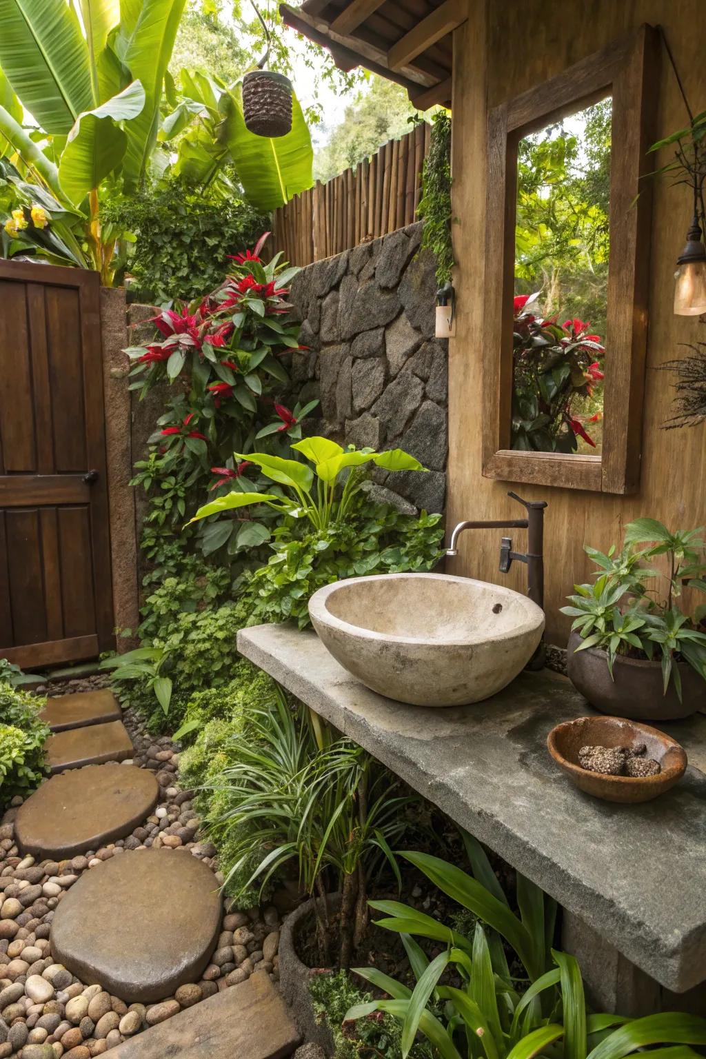 A nature-inspired sink area provides a refreshing vibe.