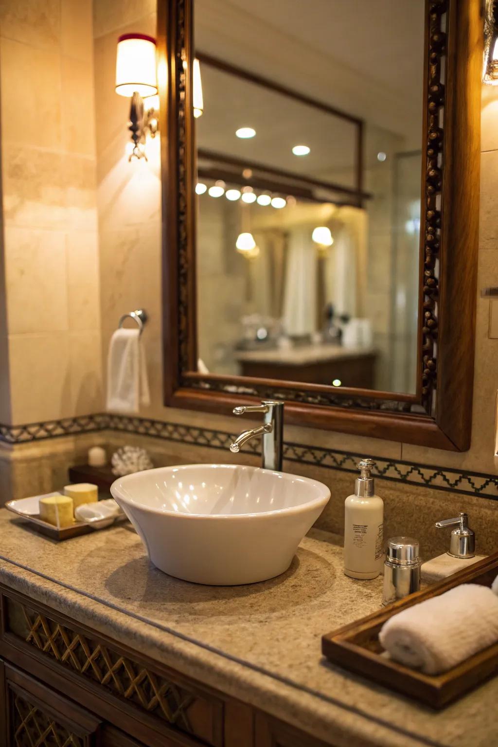 Lighting beneath the mirror provides a peaceful, ambient atmosphere.