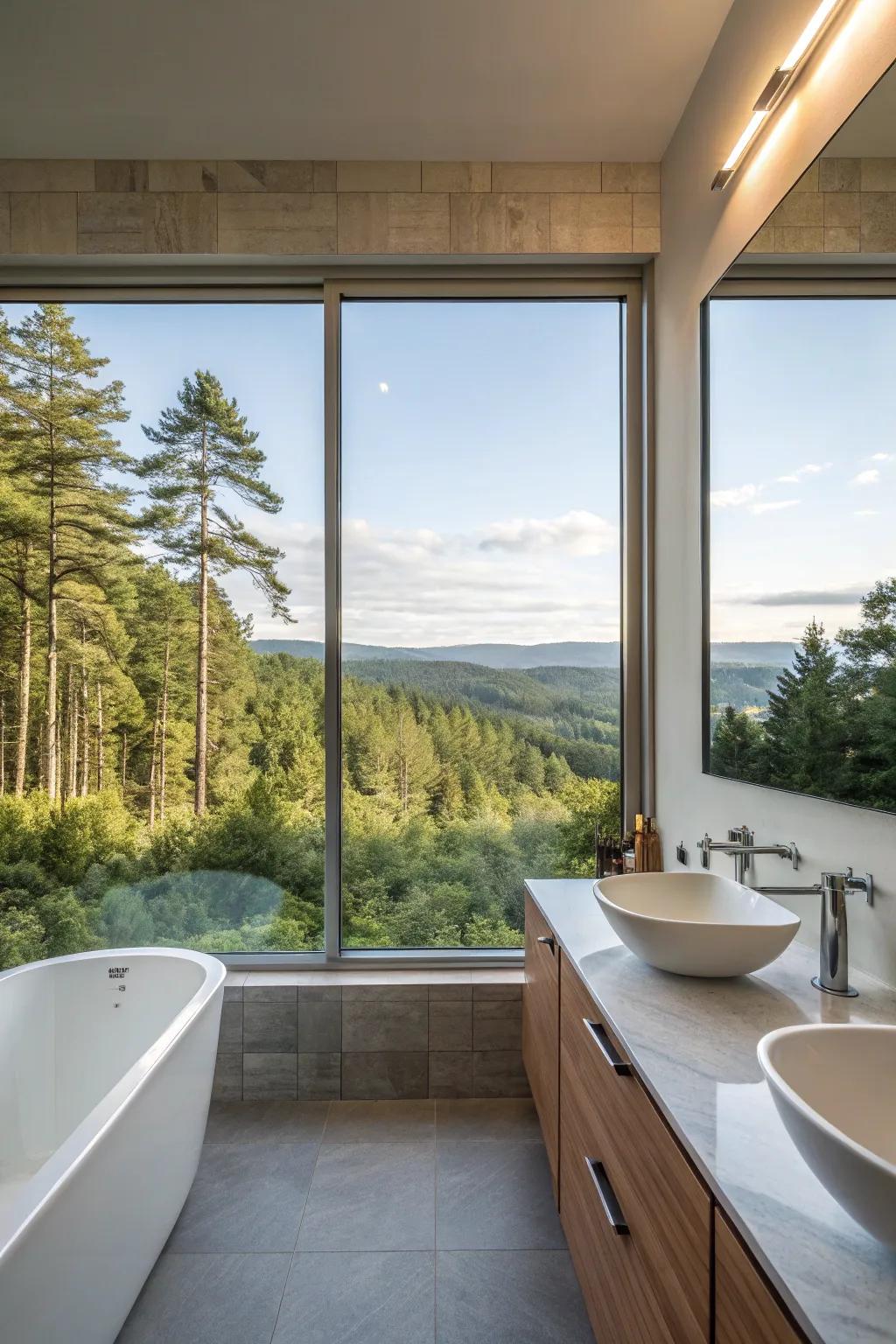 Picture windows framing stunning views in the bathroom.