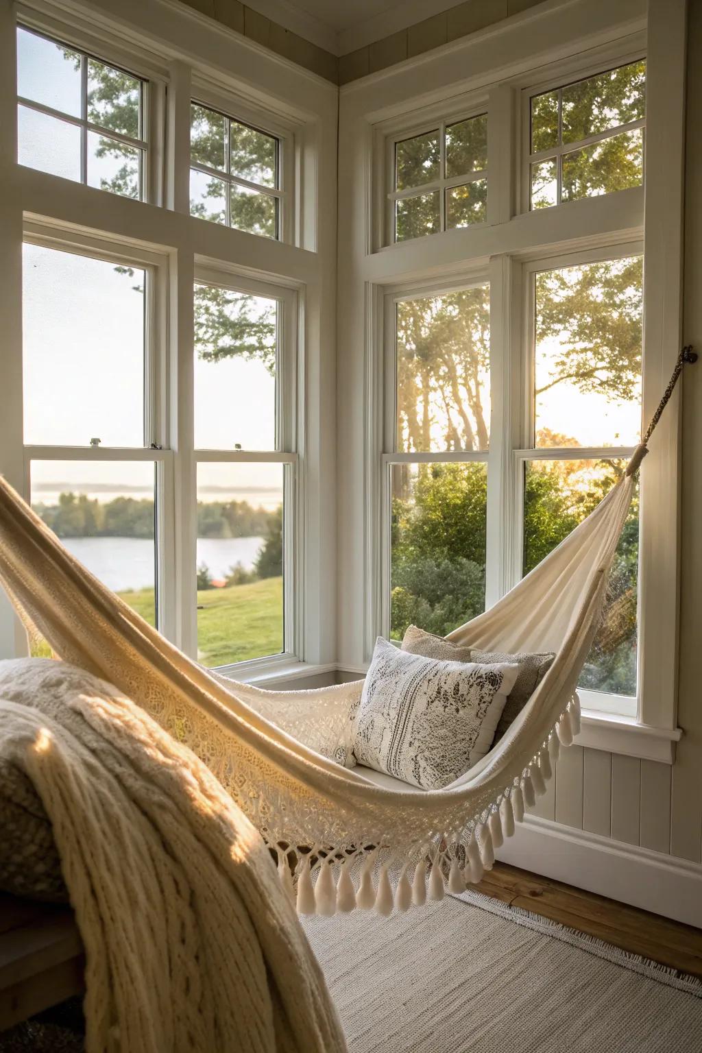 A resting net introduces a playful and peaceful ambiance around the bay window sector.