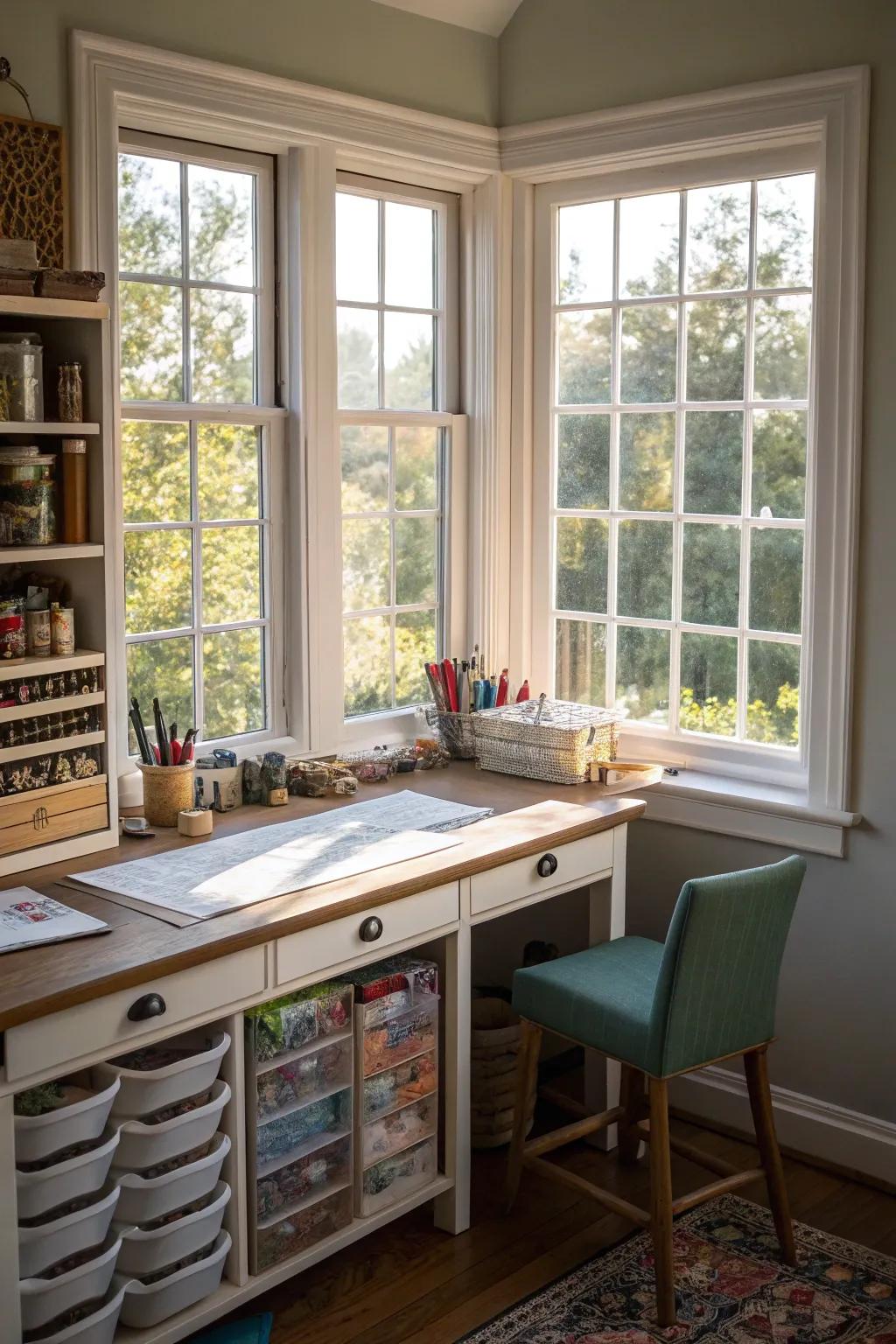 A bay window craft corner offers an inspiring space for creativity under natural light.