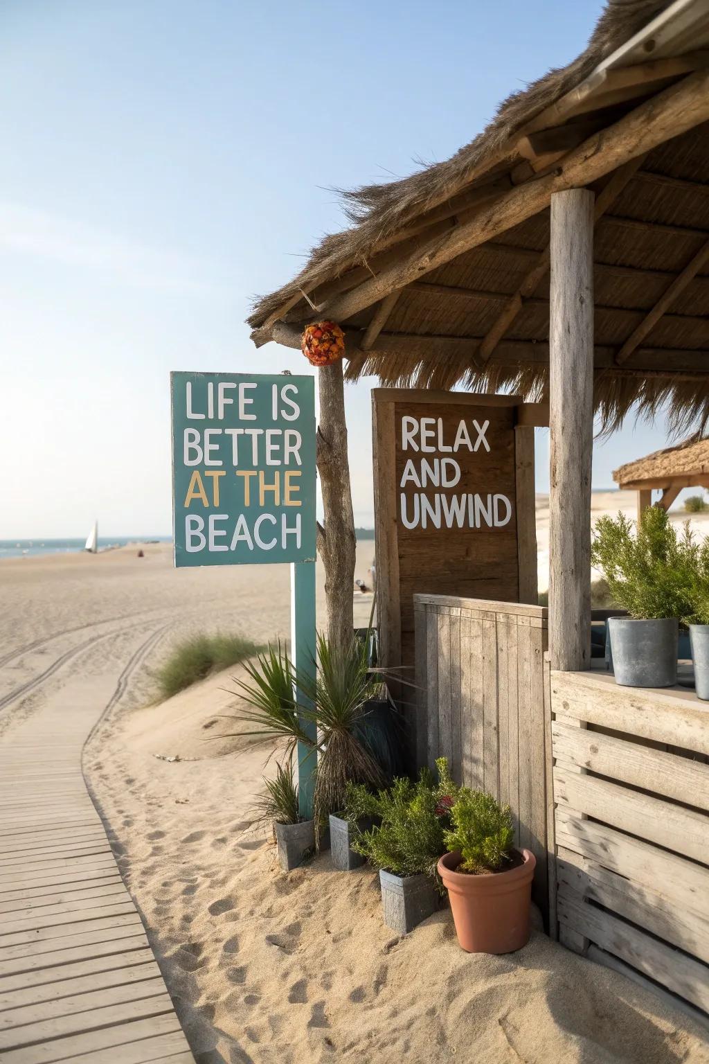 Weathered wooden signs add playful personality to the beach shed.
