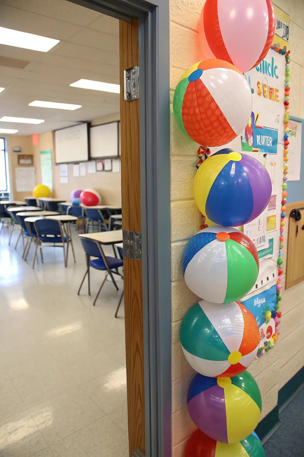 Classroom entrance energized with bright shore orb decorations.