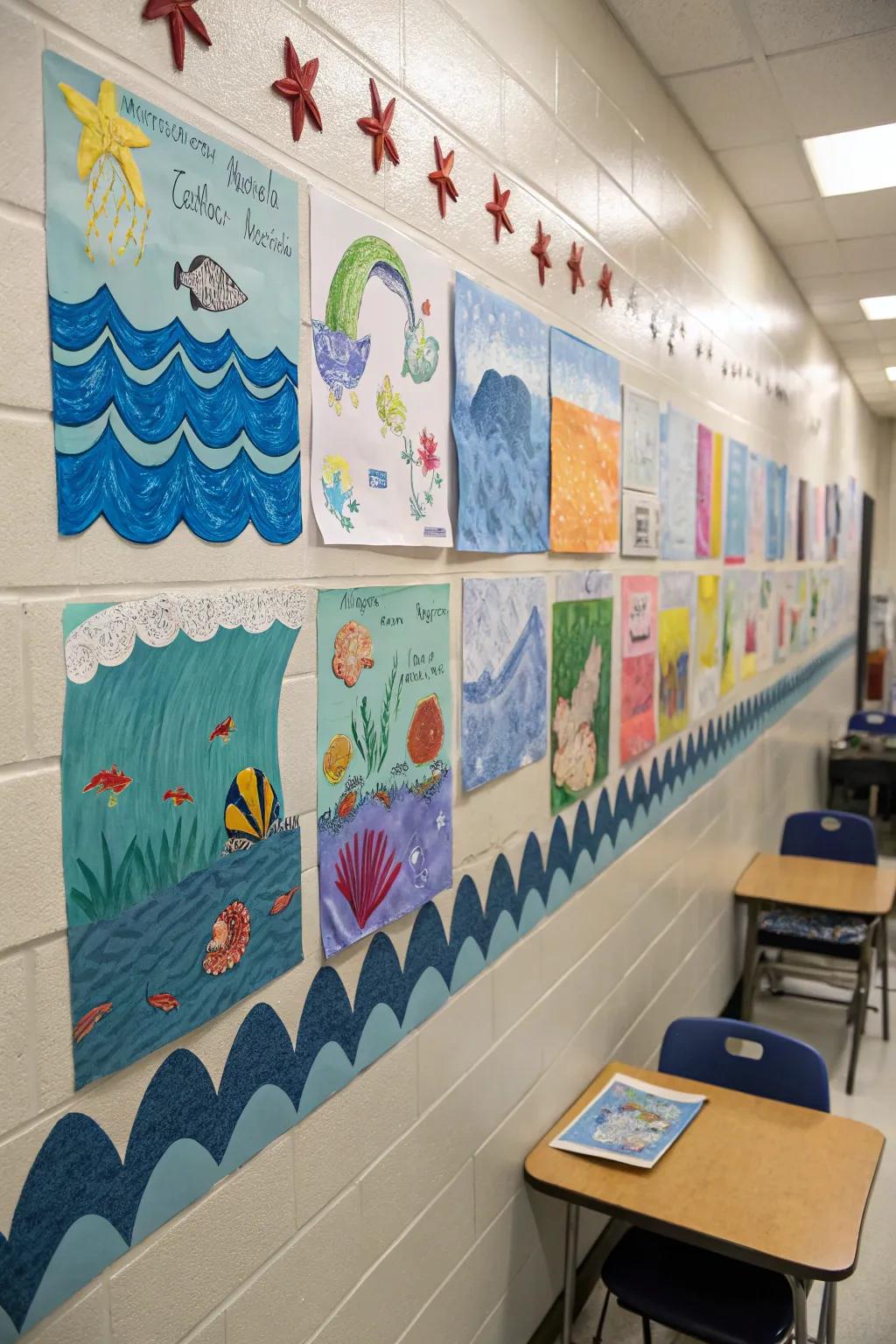 An art wall featuring ocean-inspired student creations contributes a personal touch to the classroom.