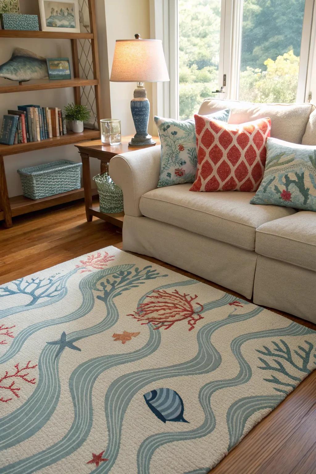 Ocean patterns inject subtle coastal touches.