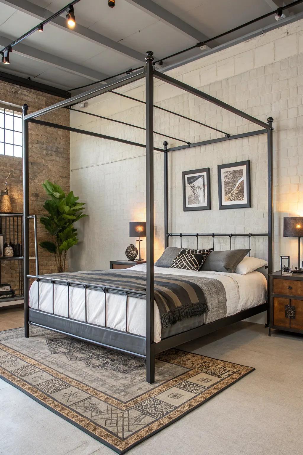 An industrial metal bed frame is a bold, modern statement.