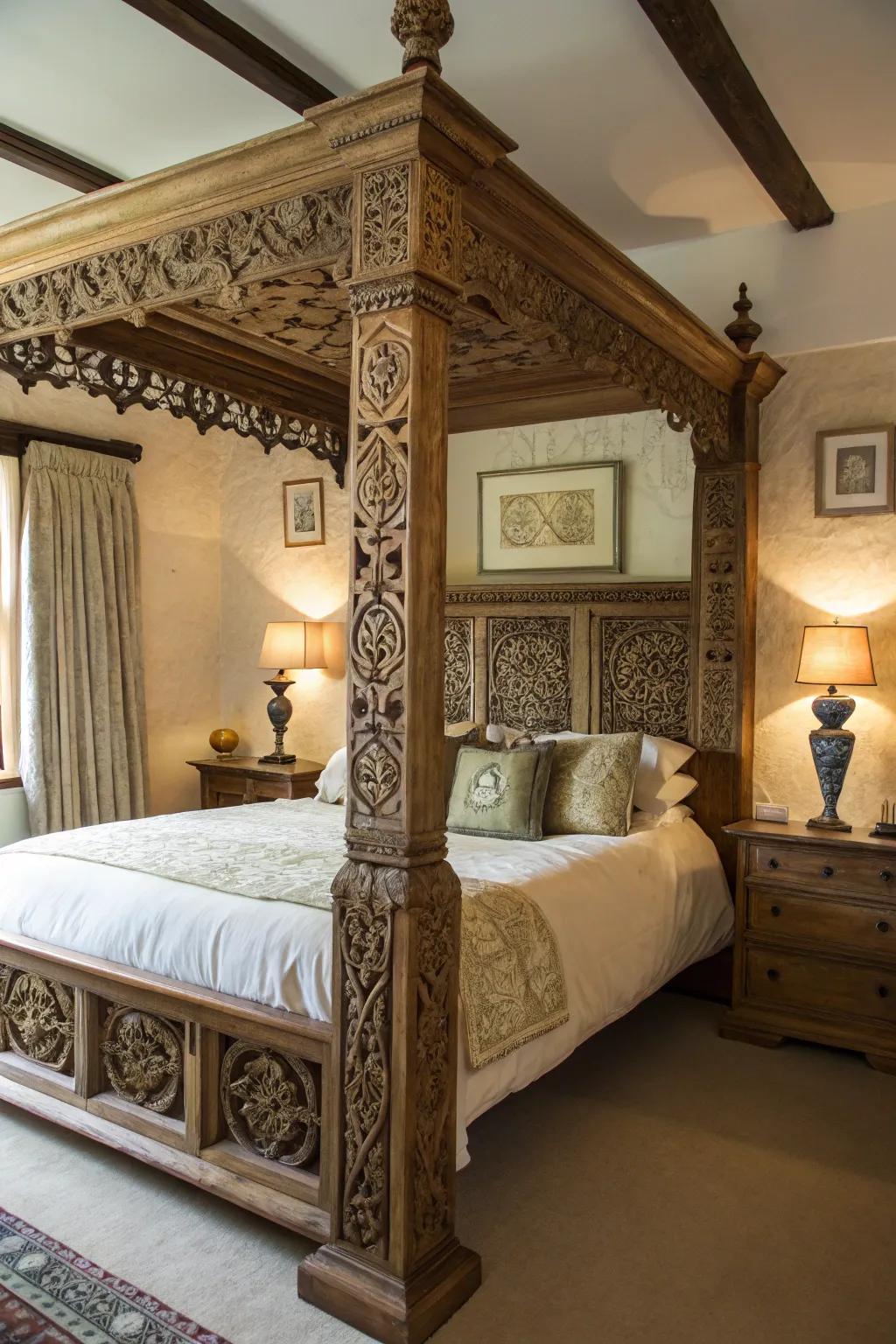 Detailed carvings on bedposts add grand and historical charm.