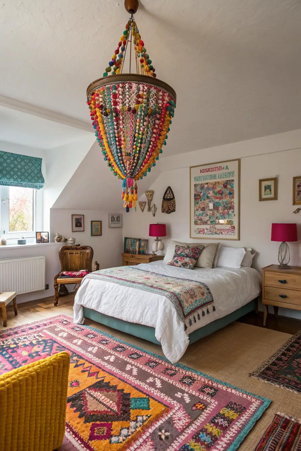 Beaded chandeliers add a playful touch to bedroom decor.