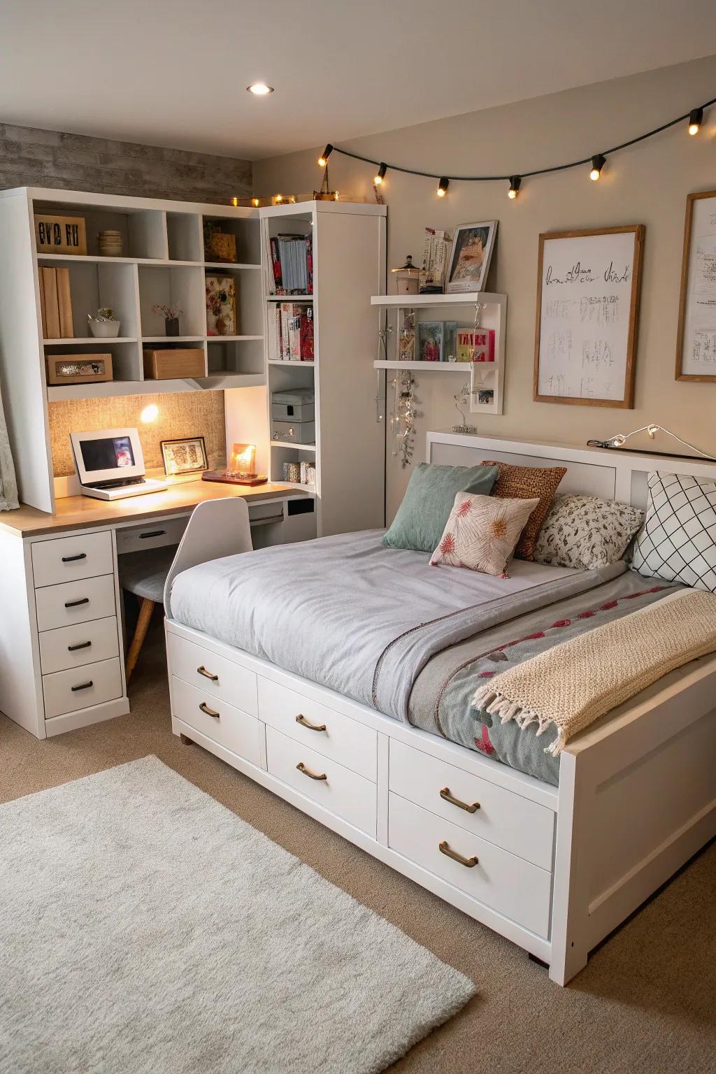 Multi-functional furniture maximizes space and adds style to this modern bedroom.