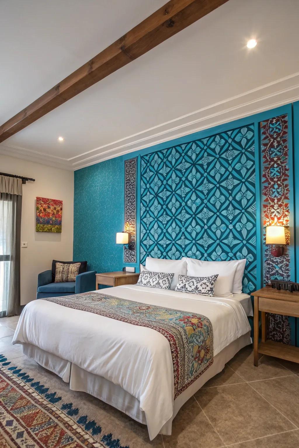 A striking accent wall introduces vibrancy to this fashionable bedroom.