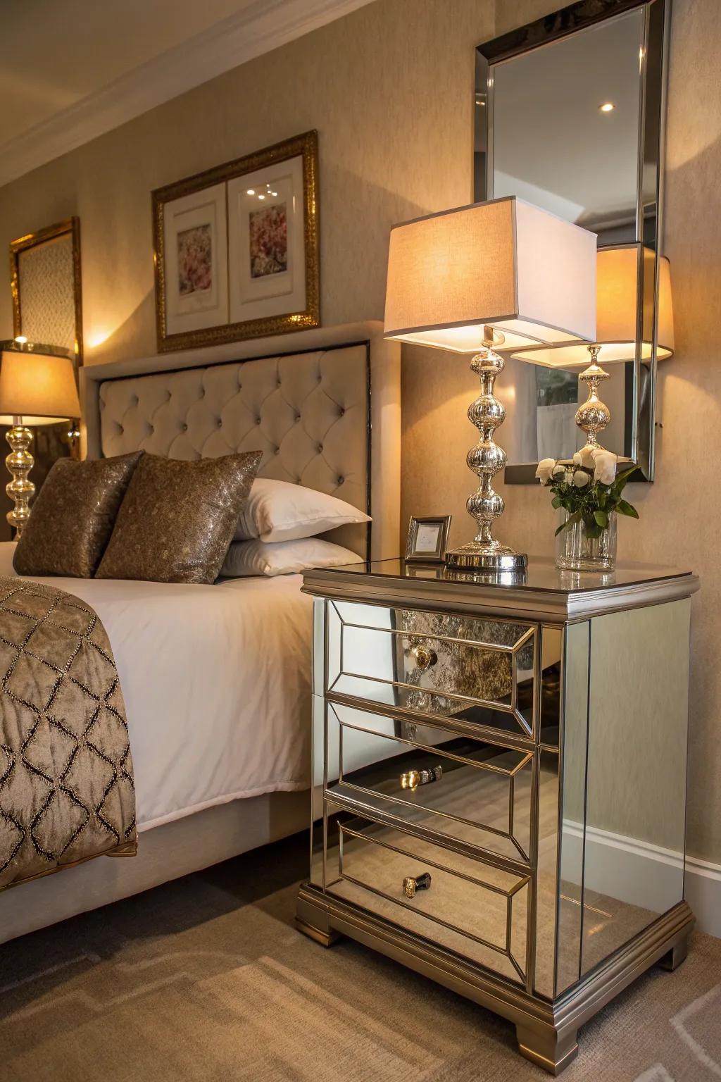 Furniture featuring mirrored surfaces adds an element of glamour and sophistication to the bedroom.