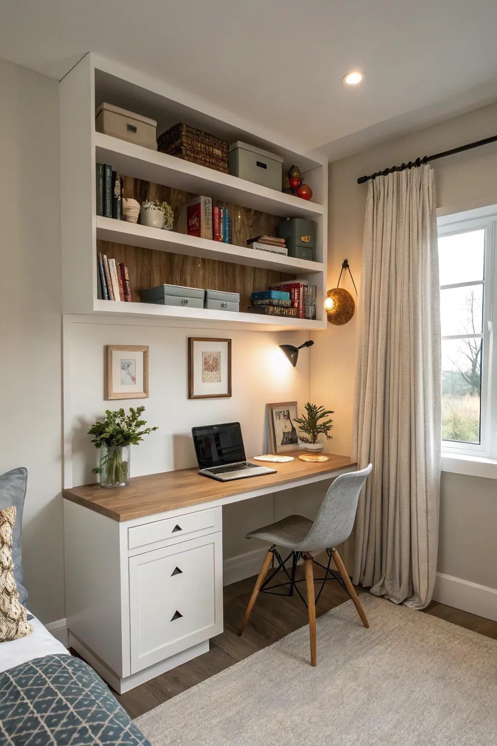 A space-efficient bedroom nook featuring elevated furniture for added functionality.