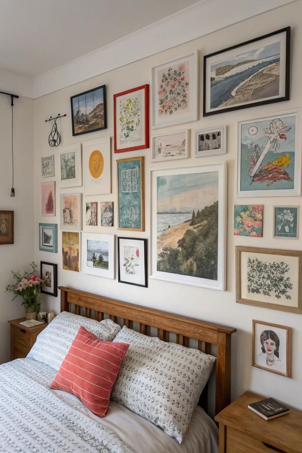 Layered wall art creates an artistic and energetic visual narrative on bedroom walls.