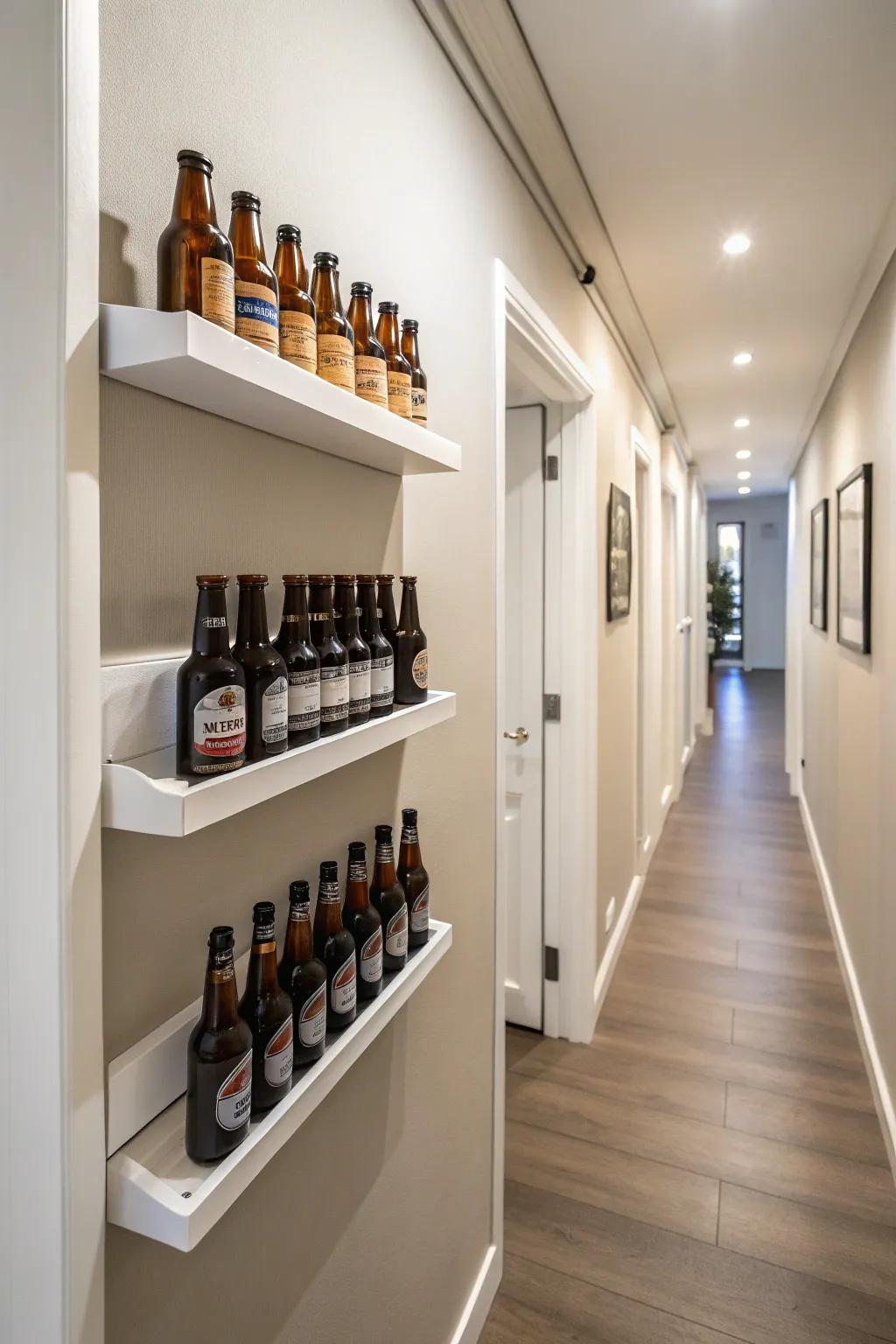 Moderate floating shelves with ale bottles in a corridor setting.