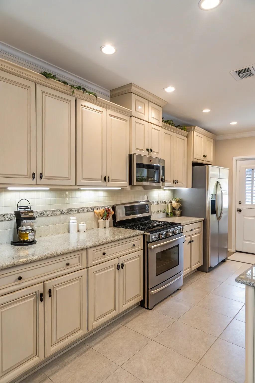 Stainless steel appliances inject a sleek contrast into the kitchen.