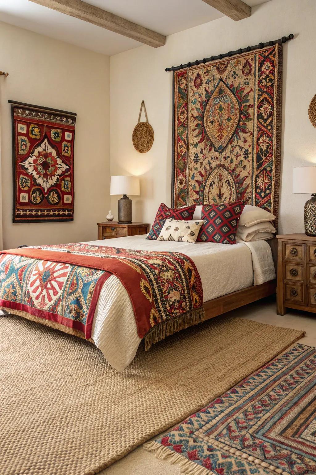 Strong patterns contribute vibrancy and energy to a bedroom featuring a beige carpet.
