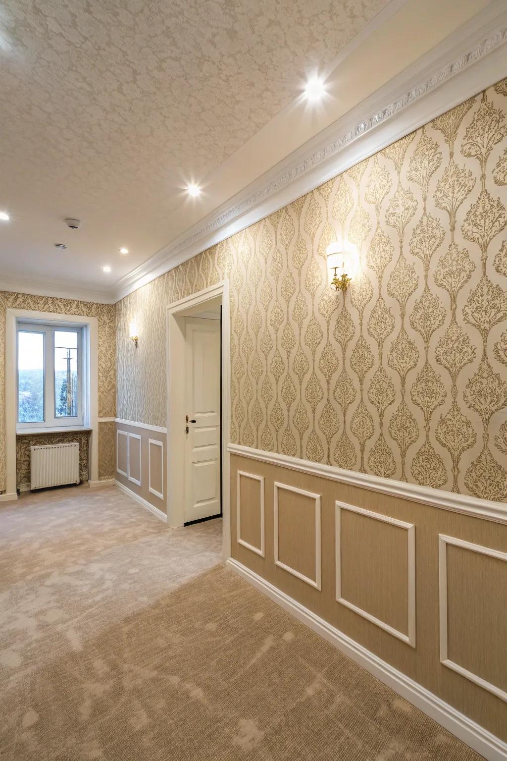 The elegance of the room is enhanced by patterned wall coverings in beige shades.